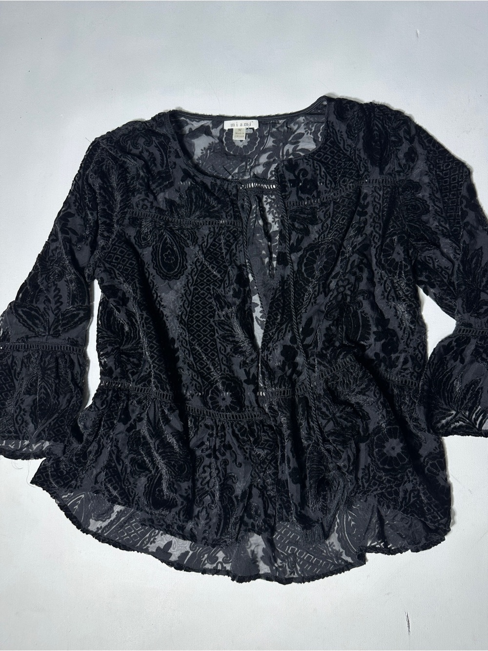 miami Black Burnout Floral-Paisley Tie Neck Blouse